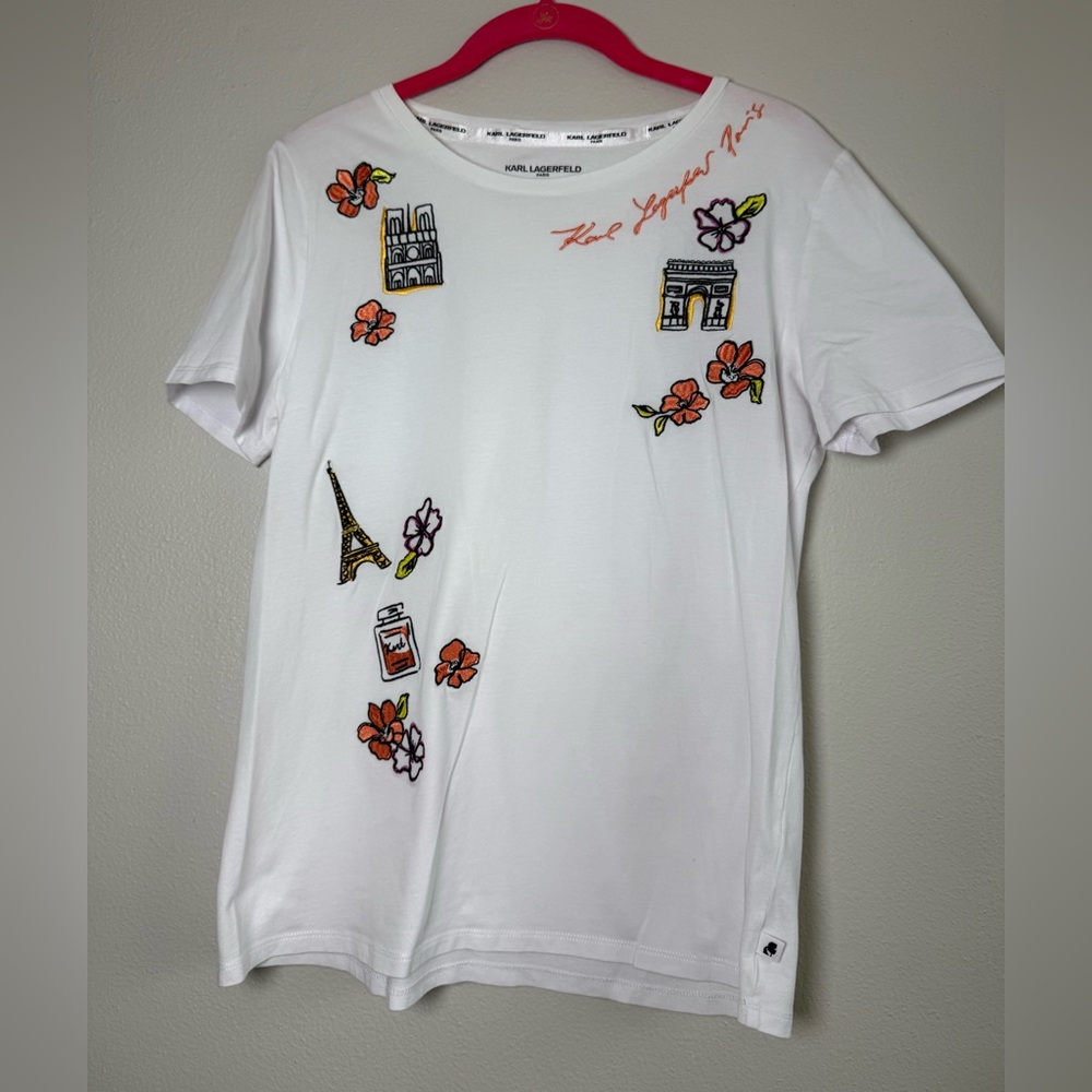 Karl Lagerfeld White Short-Sleeve Paris Embroidered Tee